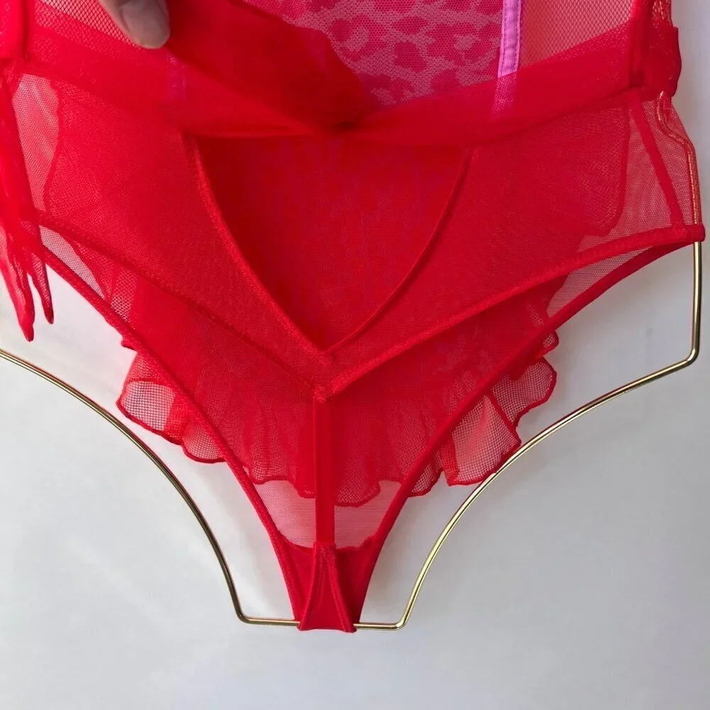 Victoria’s Secret Red Leopard Mesh Apron Lingerie Size 34B
